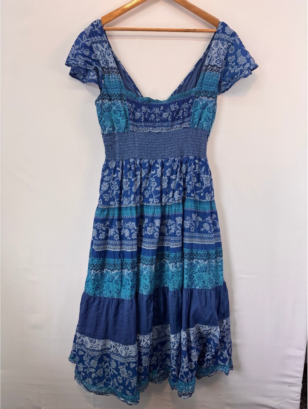 Vintage 90s Blue Cotton Boho Floral Smocked Empire Waist Midi Dress Size XL - Picture 5 of 8